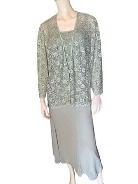 Alex Evenings 3 PC Sequin & Lined Chiffon Formal Outfit Sage Green Size 1X EUC